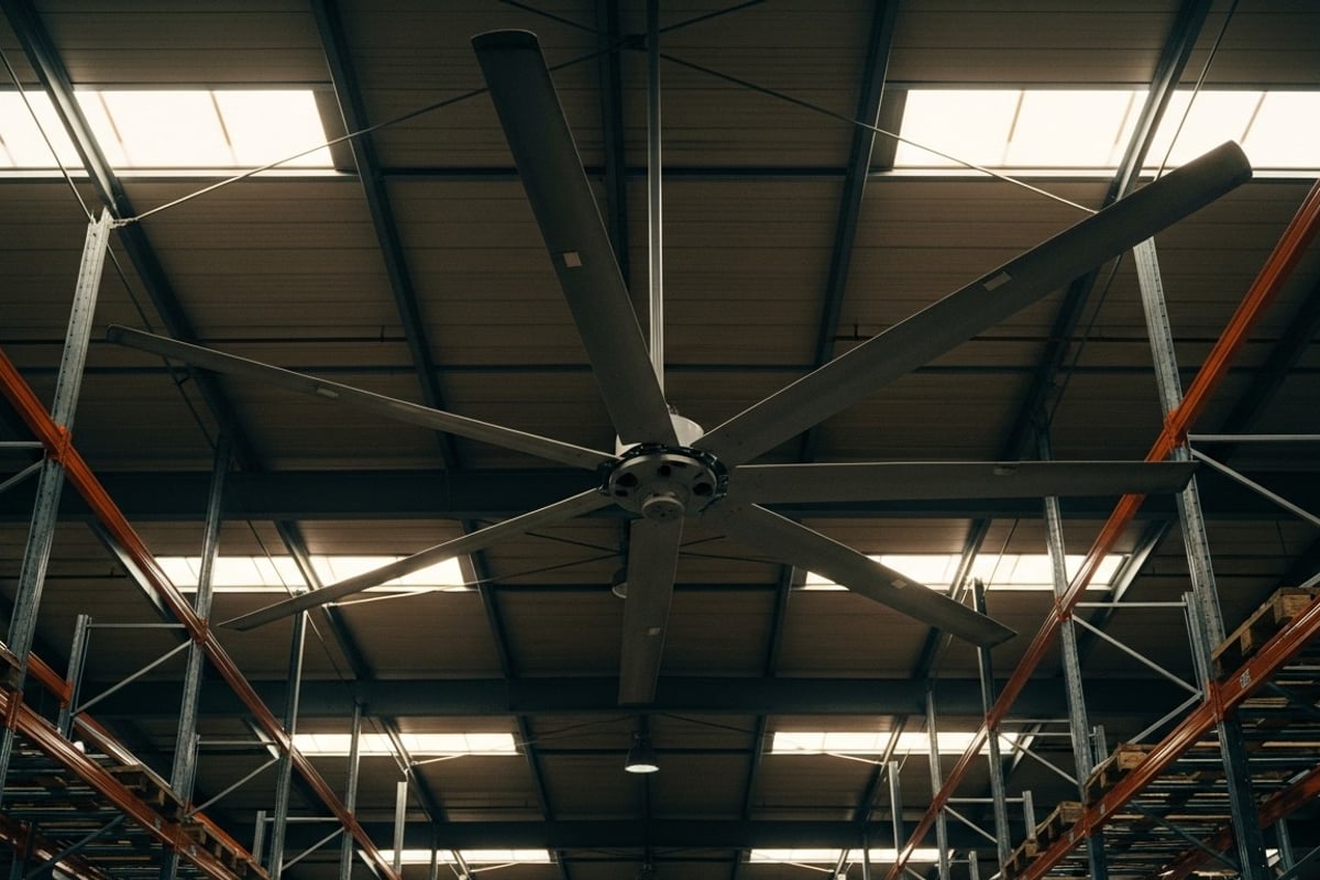 HVLS-вентилятор и&nbsp;дестратификаторы под&nbsp;фермами кровли склада в&nbsp;Алматы выравнивают температуру по&nbsp;ярусам