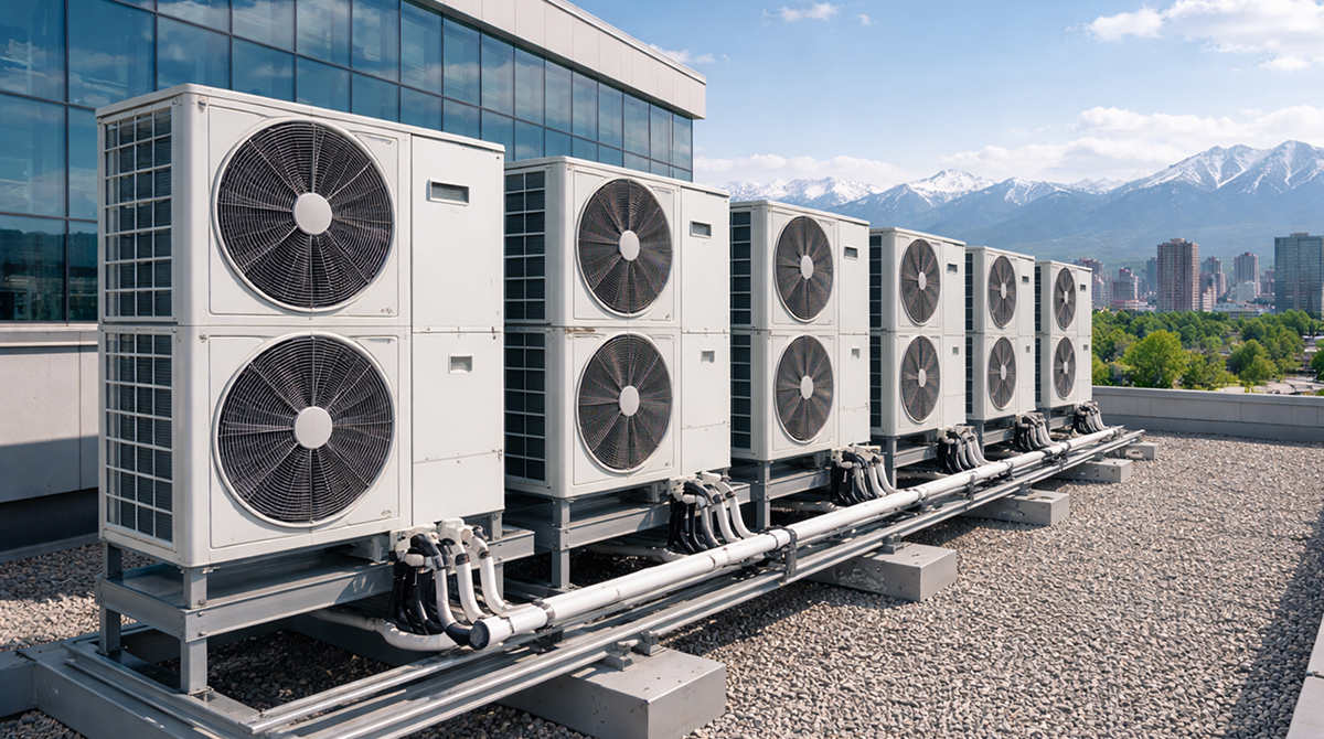 Промышленное кондиционирование в&nbsp;Алматы – внешние блоки VRF на&nbsp;крыше бизнес-центра