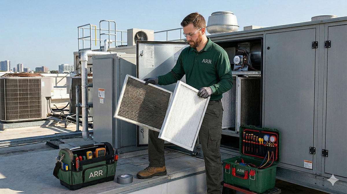 Сервисное обслуживание вентиляции в&nbsp;Алматы – инженер ARR&nbsp;Precision меняет фильтры